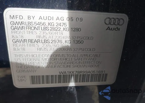 2009 Audi Q5 3.2 Premium z USA, uszkodzony, nr VIN WA1KK78R99A051691